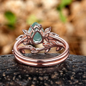 Pear shaped Nature Sterling Silver Moss Agate Ring Set Engagement Ring - anerjuly