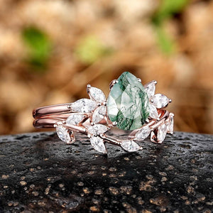 Pear shaped Nature Sterling Silver Moss Agate Ring Set Engagement Ring - anerjuly