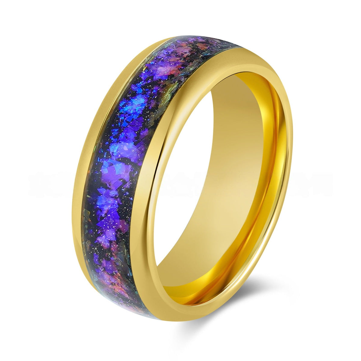 Polished Gold Tungsten Ring with Galaxy Opal Inlay - anerjuly