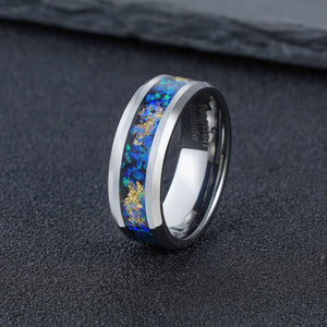 Polished Silver Tungsten Ring with Crushed Aurora Opal Gold Leaf Inlay - anerjuly