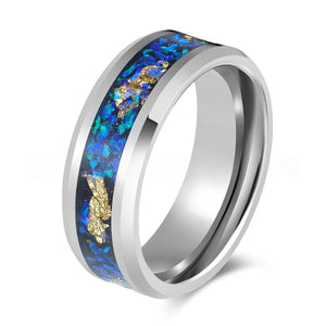His Ring - Polished Silver Tungsten Ring with Crushed Aurora Opal & Gold Leaf Inlay