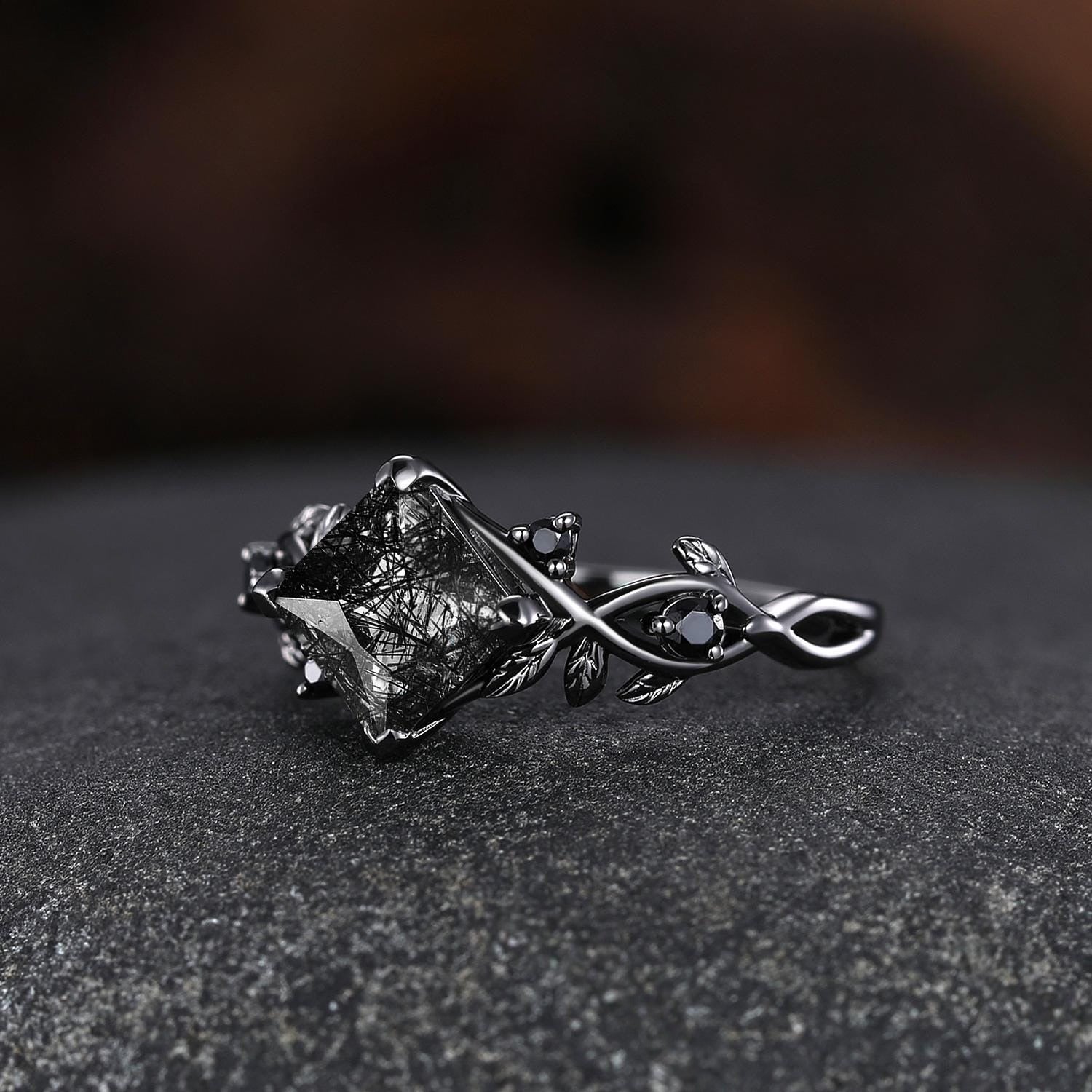 Princess Black Rutilated Quartz Couples Ring His & Her Wedding Band Engagement Ring Twig Leaf Quartz Promise Rings For Couples - anerjuly