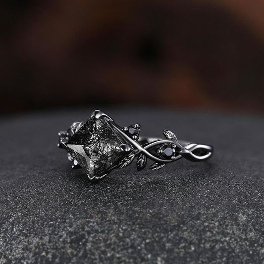 Princess Black Rutilated Quartz Couples Ring His & Her Wedding Band Engagement Ring Twig Leaf Quartz Promise Rings For Couples - anerjuly