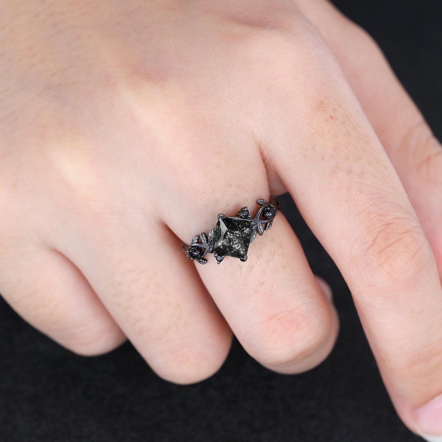 Princess Black Rutilated Quartz Couples Ring His & Her Wedding Band Engagement Ring Twig Leaf Quartz Promise Rings For Couples - anerjuly