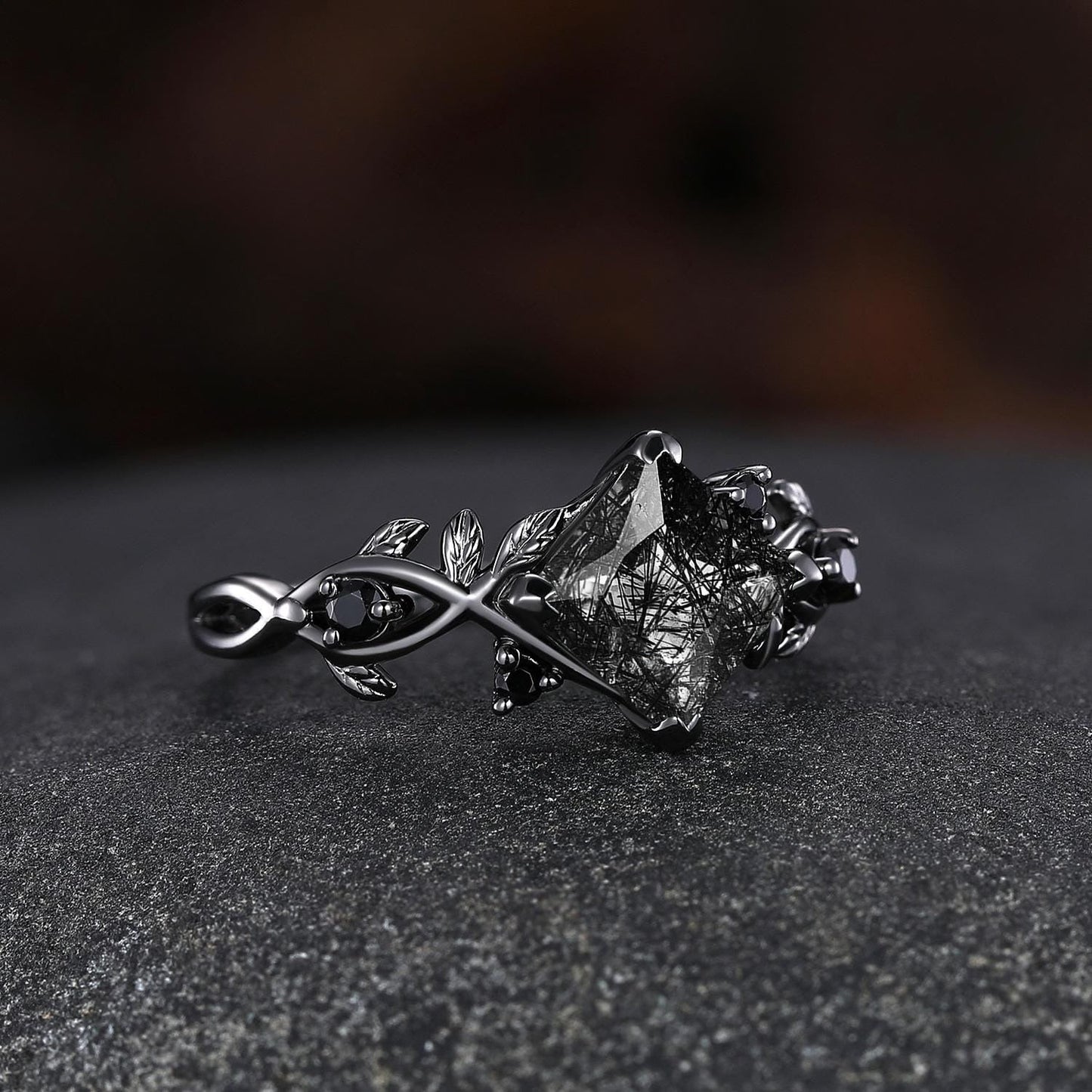 Princess Black Rutilated Quartz Couples Ring His & Her Wedding Band Engagement Ring Twig Leaf Quartz Promise Rings For Couples - anerjuly