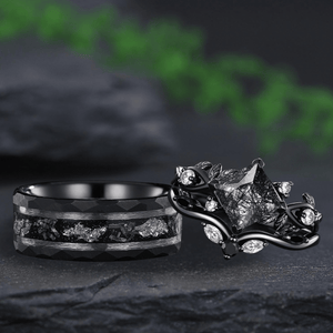 Princess Cut Black Rutilated Quartz Couple Ring Set His and Her Vintage Engagement Ring for Men and Women Leaf Branch Ring - anerjuly