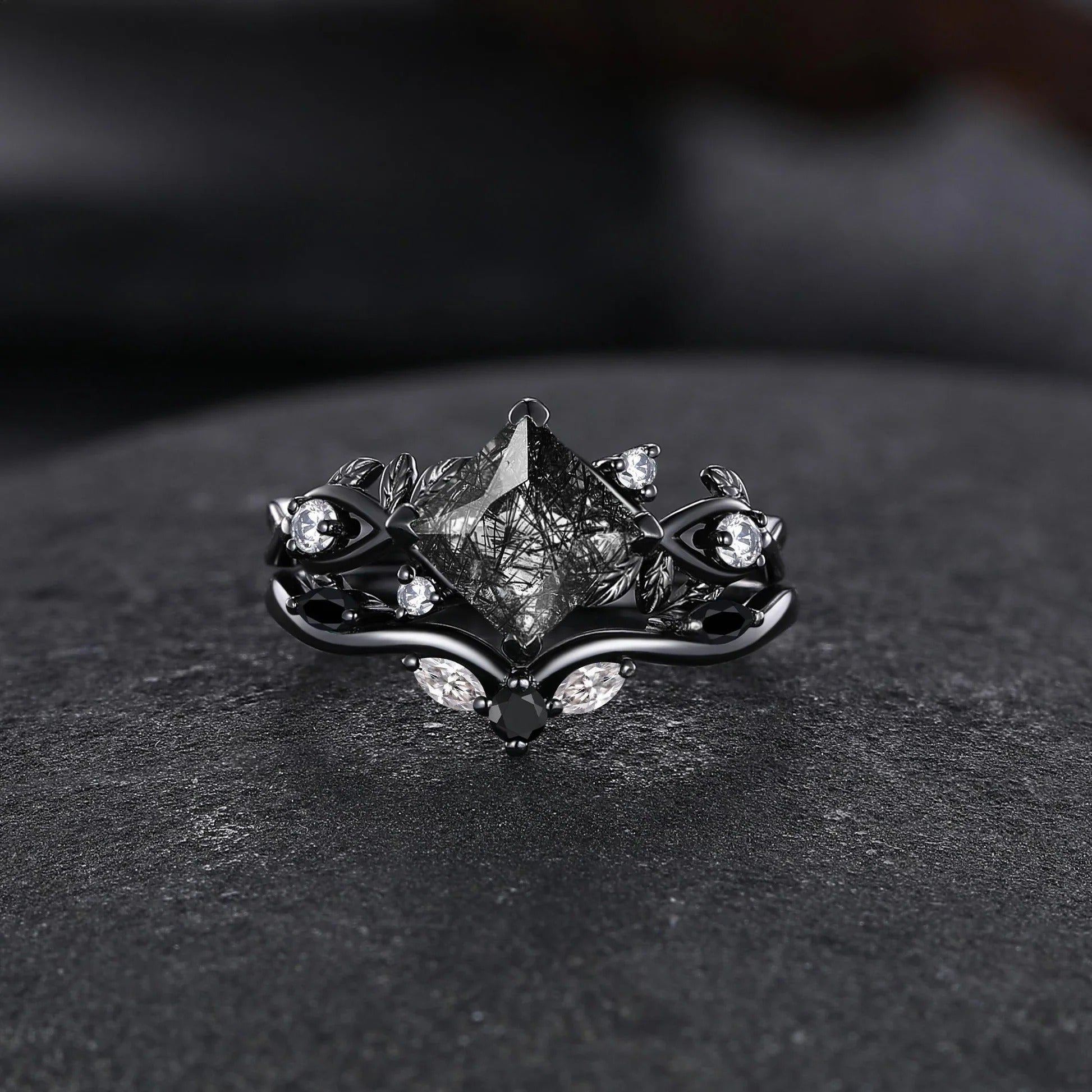 Princess Cut Black Rutilated Quartz Couple Ring Set His and Her Vintage Engagement Ring for Men and Women Leaf Branch Ring - anerjuly
