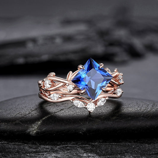 Princess Cut Cornflower Blue Sapphire Engagement Ring Set Rose Gold Leaf Promise Ring, Nature Inspired Twig Branch Vine Wedding Set - anerjuly