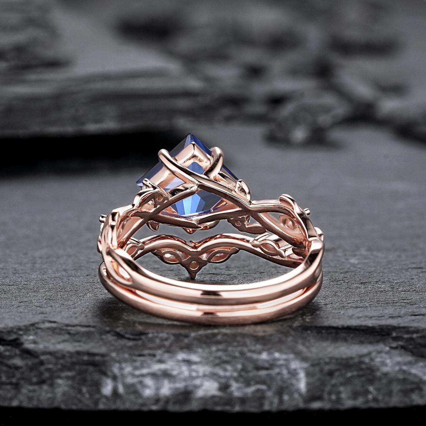 Princess Cut Cornflower Blue Sapphire Engagement Ring Set Rose Gold Leaf Promise Ring, Nature Inspired Twig Branch Vine Wedding Set - anerjuly