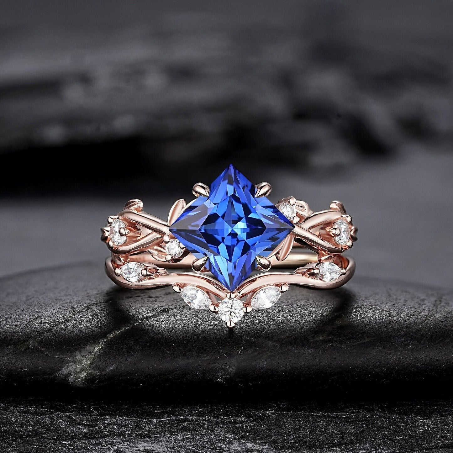 Princess Cut Cornflower Blue Sapphire Engagement Ring Set Rose Gold Leaf Promise Ring, Nature Inspired Twig Branch Vine Wedding Set - anerjuly