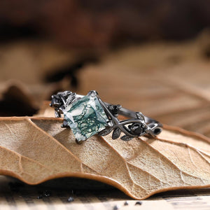 Princess Cut Moss Agate Engagement Ring Leaf Floral Nature Inspired Wedding Ring For Women - anerjuly