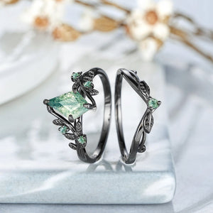 Princess Cut Unique Moss Agate Couple Rings Nature - Inspired His & Her Matching Wedding Band - anerjuly