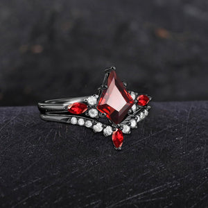 Red Couples Ring Set Garnet Engagement Ring Black Gold Couple Rings Tungsten Wedding Band Promise Ring for Her - anerjuly