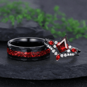 Red Couples Ring Set Garnet Engagement Ring Black Gold Couple Rings Tungsten Wedding Band Promise Ring for Her - anerjuly