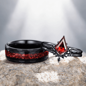 Red Couples Ring Set Garnet Engagement Ring Set Black Gold Couple Rings Tungsten Wedding Band Promise Ring for Her - anerjuly