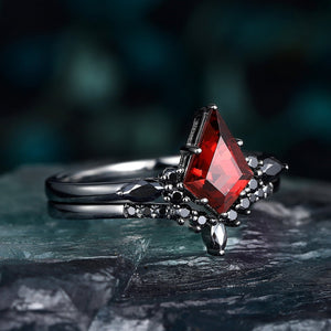 Red Couples Ring Set Garnet Engagement Ring Set Black Gold Couple Rings Tungsten Wedding Band Promise Ring for Her - anerjuly
