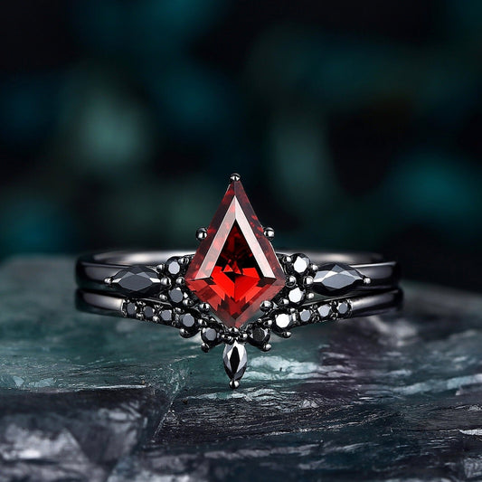 Red Couples Ring Set Garnet Engagement Ring Set Black Gold Couple Rings Tungsten Wedding Band Promise Ring for Her - anerjuly