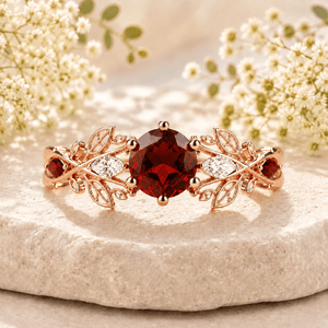 Red Garnet Couple Rings Twig Leaf Ring Garnet Cluster Ring Nature Inspired Leaf Engagement Ring Set for Women Black Gold Promise Ring Set - anerjuly