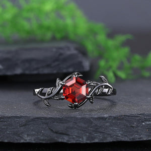 Red Garnet Couple Rings Twig Leaf Ring Garnet Cluster Ring Nature Inspired Leaf Engagement Ring Set for Women Black Gold Promise Ring Set - anerjuly