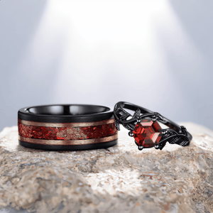 Red Garnet Couple Rings Twig Leaf Ring Garnet Cluster Ring Nature Inspired Leaf Engagement Ring Set for Women Black Gold Promise Ring Set - anerjuly
