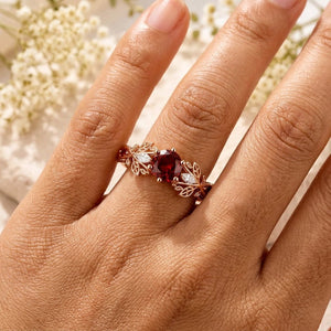 Red Garnet Couple Rings Twig Leaf Ring Garnet Cluster Ring Nature Inspired Leaf Engagement Ring Set for Women Black Gold Promise Ring Set - anerjuly