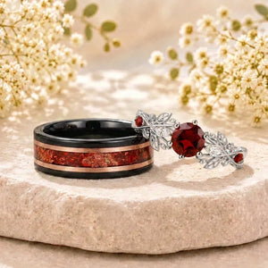 Red Garnet Couple Rings Twig Leaf Ring Garnet Cluster Ring Nature Inspired Leaf Engagement Ring Set for Women Black Gold Promise Ring Set - anerjuly