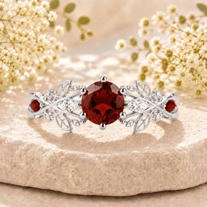 Red Garnet Couple Rings Twig Leaf Ring Garnet Cluster Ring Nature Inspired Leaf Engagement Ring Set for Women Black Gold Promise Ring Set - anerjuly