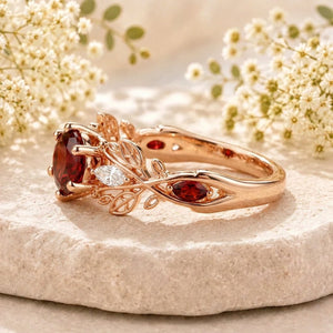 Red Garnet Couple Rings Twig Leaf Ring Garnet Cluster Ring Nature Inspired Leaf Engagement Ring Set for Women Black Gold Promise Ring Set - anerjuly