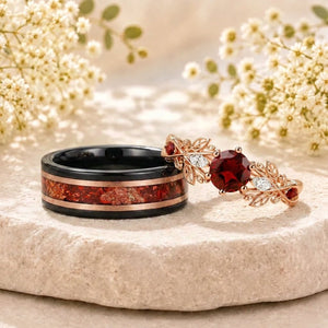 Red Garnet Couple Rings Twig Leaf Ring Garnet Cluster Ring Nature Inspired Leaf Engagement Ring Set for Women Black Gold Promise Ring Set - anerjuly