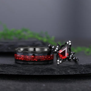 Retro Garnet Couples Ring Set Engagement Ring Set Black Gold Couple Rings Red Tungsten Wedding rings - anerjuly