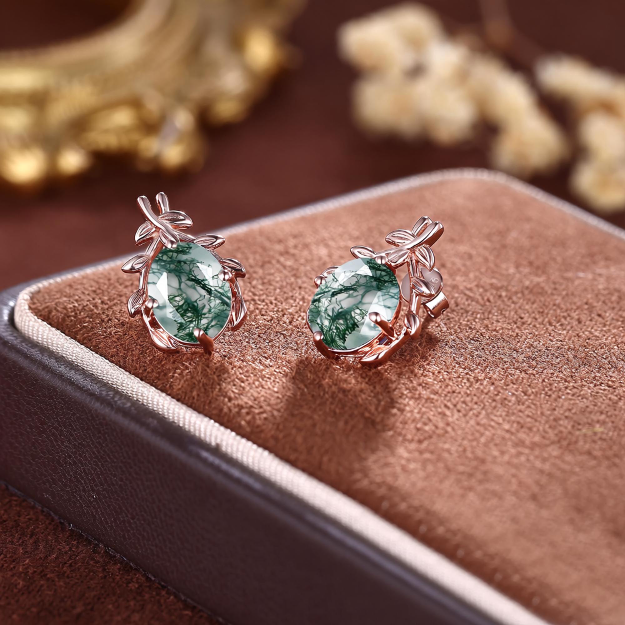 Rose Gold Branch Moss Agate Everyday Vine Leaf Nature Inspired Onyx Studs Earrings - anerjuly