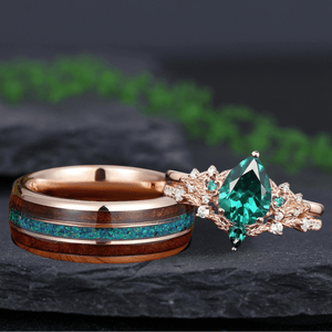 Rose Gold Fantasy Inspired Floral Leaf Bridal Set Unique His and Hers Rings Couple Ring - anerjuly