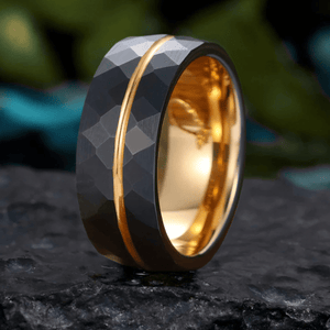 His Ring - Rose Gold Grooved Black Rhombic Tungsten Ring