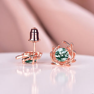 Rose Gold Moss Agate Earrings Vintage Sterling Silver Floral Studs - anerjuly