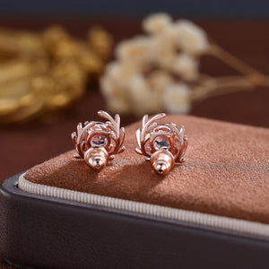 Rose Gold Moss Agate Earrings Vintage Sterling Silver Floral Studs - anerjuly