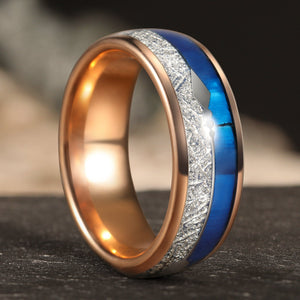 Rose Gold Tungsten Band with Natural Lapis Lazuli & Starry Meteorite Inlay - anerjuly