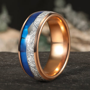 Rose Gold Tungsten Band with Natural Lapis Lazuli & Starry Meteorite Inlay - anerjuly