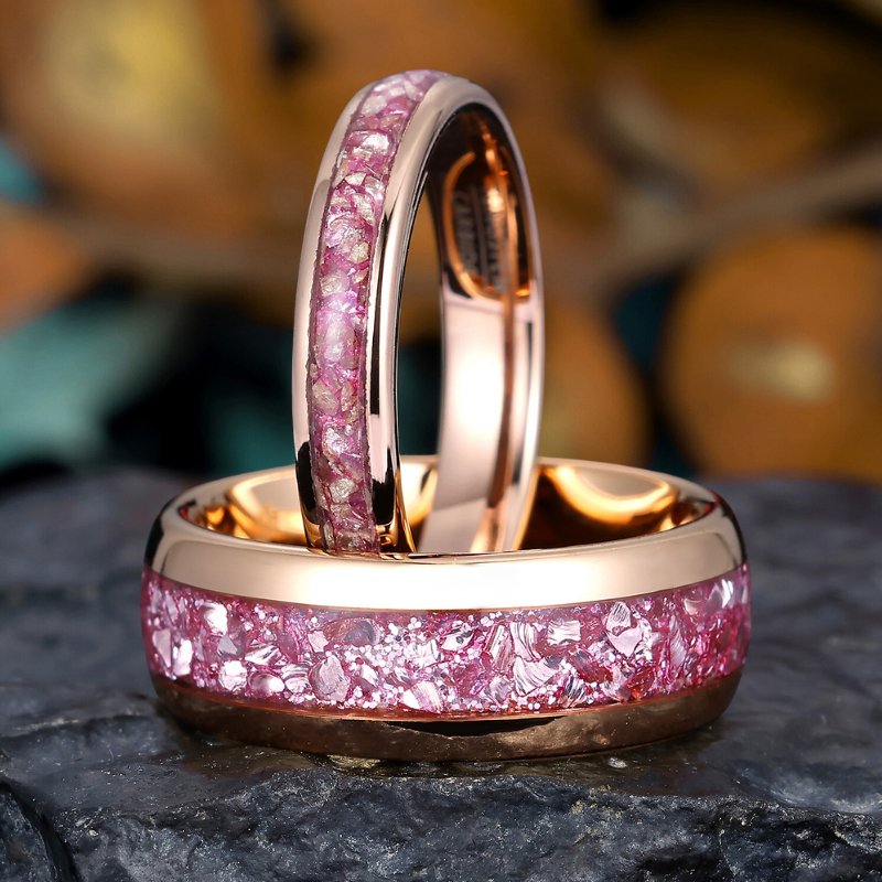 Rose Gold Tungsten Couple Rings with Pink Morganite, Polished Dome Matching Promise Ring Set - anerjuly