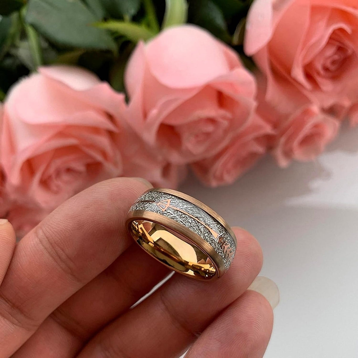 Rose Gold Tungsten Ring with Silver Meteorite Inlay - anerjuly