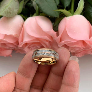 Rose Gold Tungsten Ring with Silver Meteorite Inlay - anerjuly
