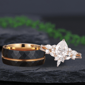 Rose Gold Vintage Pear Cut Moissanite Bridal Set Couple Ring Set His and Her Engagement Ring - anerjuly