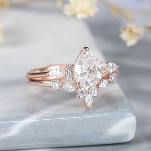 Rose Gold Vintage Pear Cut Moissanite Bridal Set Couple Ring Set His and Her Engagement Ring - anerjuly