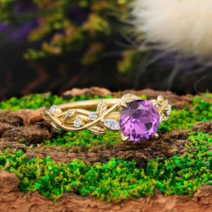Round Amethyst Engagement Ring Nature Inspired Leaf Twig Ring - anerjuly