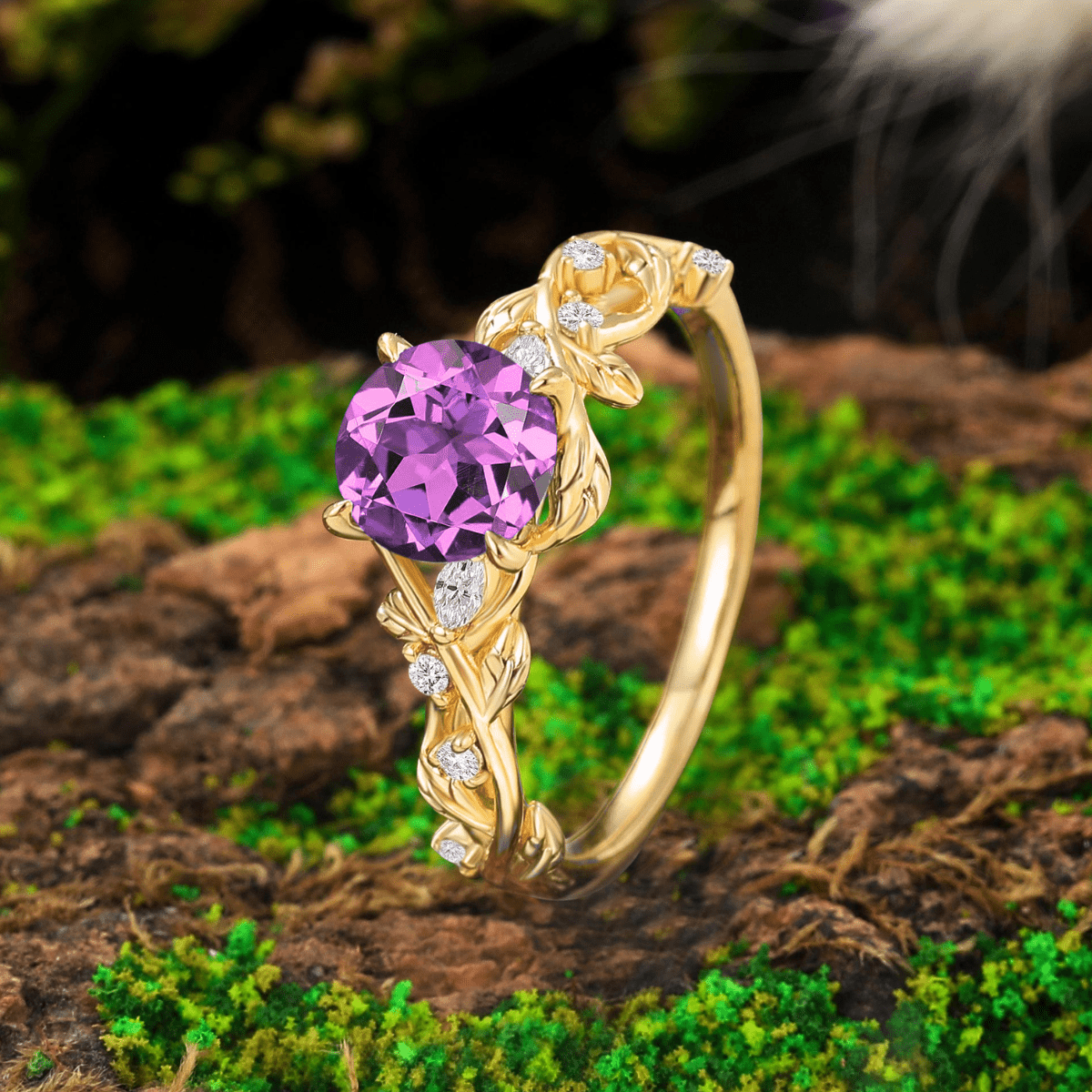 Round Amethyst Engagement Ring Nature Inspired Leaf Twig Ring - anerjuly