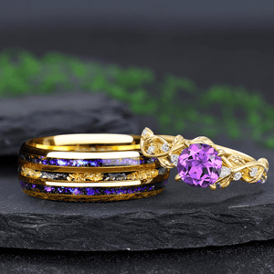 Round Amethyst Gold Vine Couple Rings Gold His & Her Matching Rings Men's Tungsten Couple Rings - anerjuly