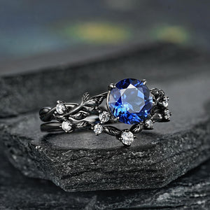 Round Blue Sapphire Engagement Rings Set Leaf Nature Inspired Women Wedding Ring - anerjuly