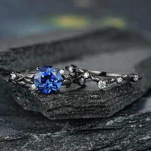 Round Blue Sapphire Engagement Rings Set Leaf Nature Inspired Women Wedding Ring - anerjuly