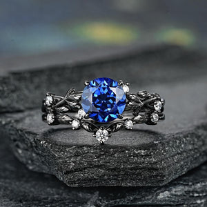 Round Blue Sapphire Engagement Rings Set Leaf Nature Inspired Women Wedding Ring - anerjuly