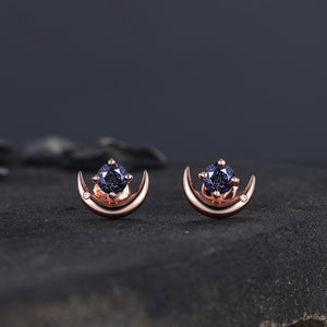 Round Cut Blue Sandstone Earrings Retro Green Stone Earrings Moon Stud Earrings Emerald Earring Christmas gifts for wife Unique Rose Gold Earring - anerjuly