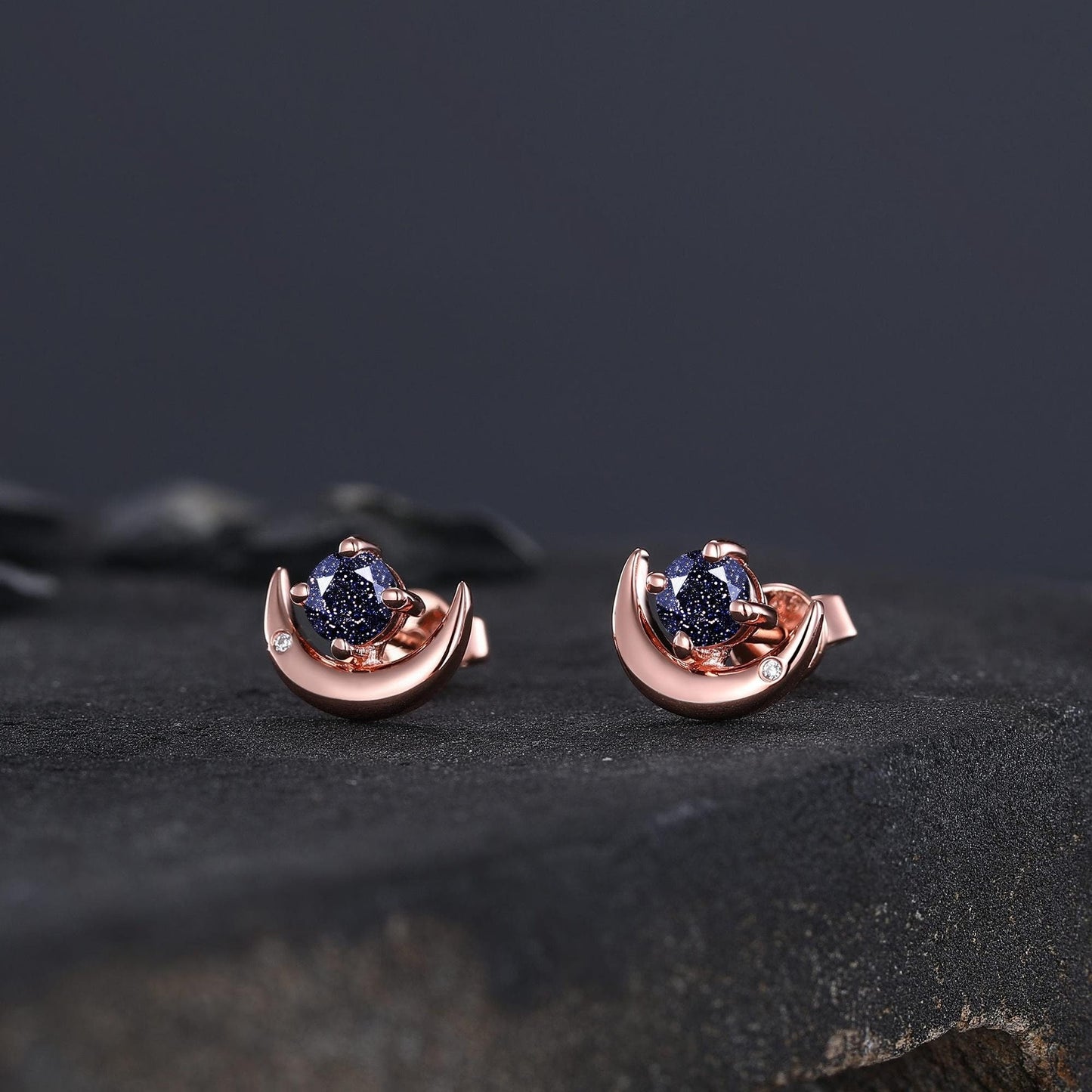Round Cut Blue Sandstone Earrings Retro Green Stone Earrings Moon Stud Earrings Emerald Earring Christmas gifts for wife Unique Rose Gold Earring - anerjuly